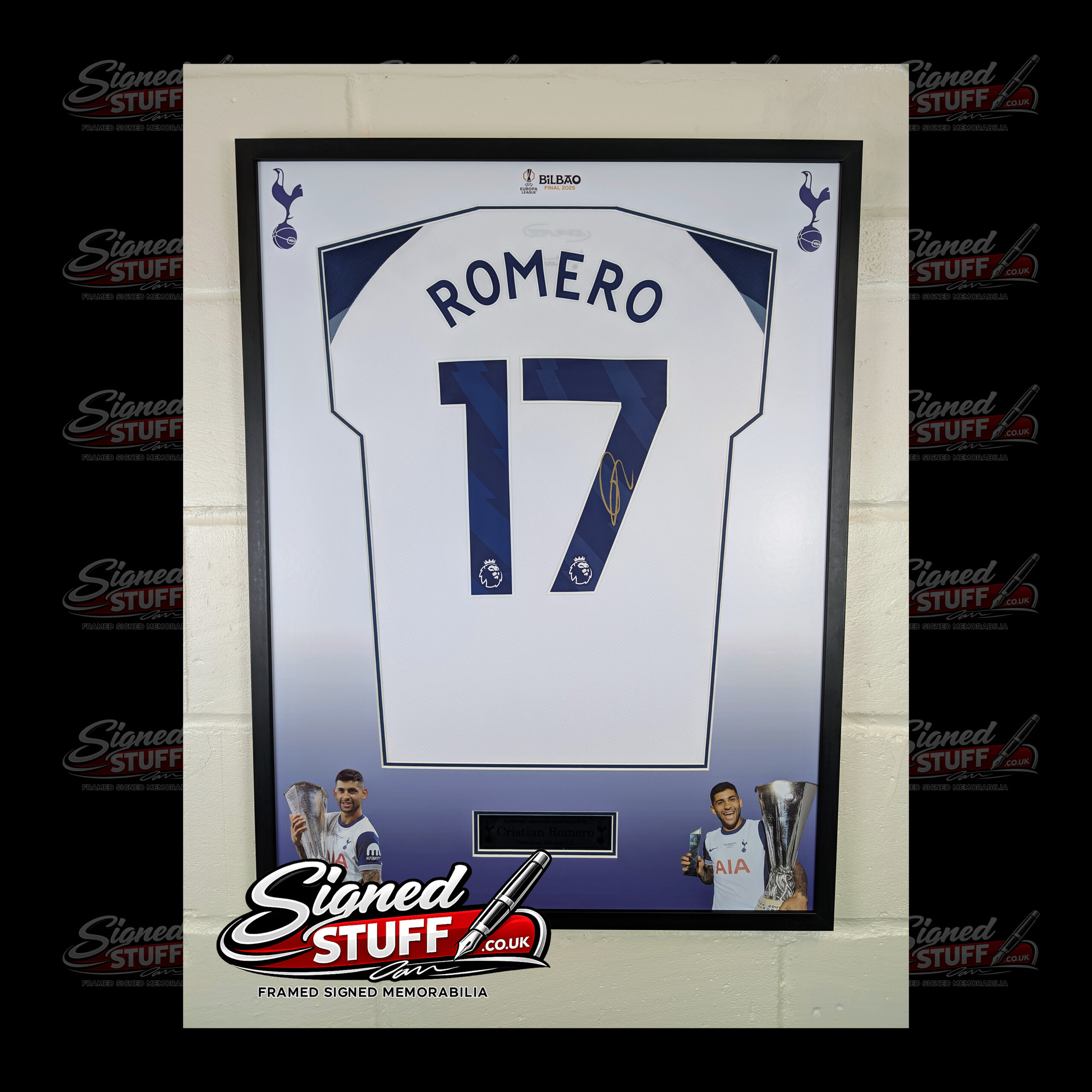 Cristian Romero Signed Tottenham Home Shirt Framed GOLD SQ