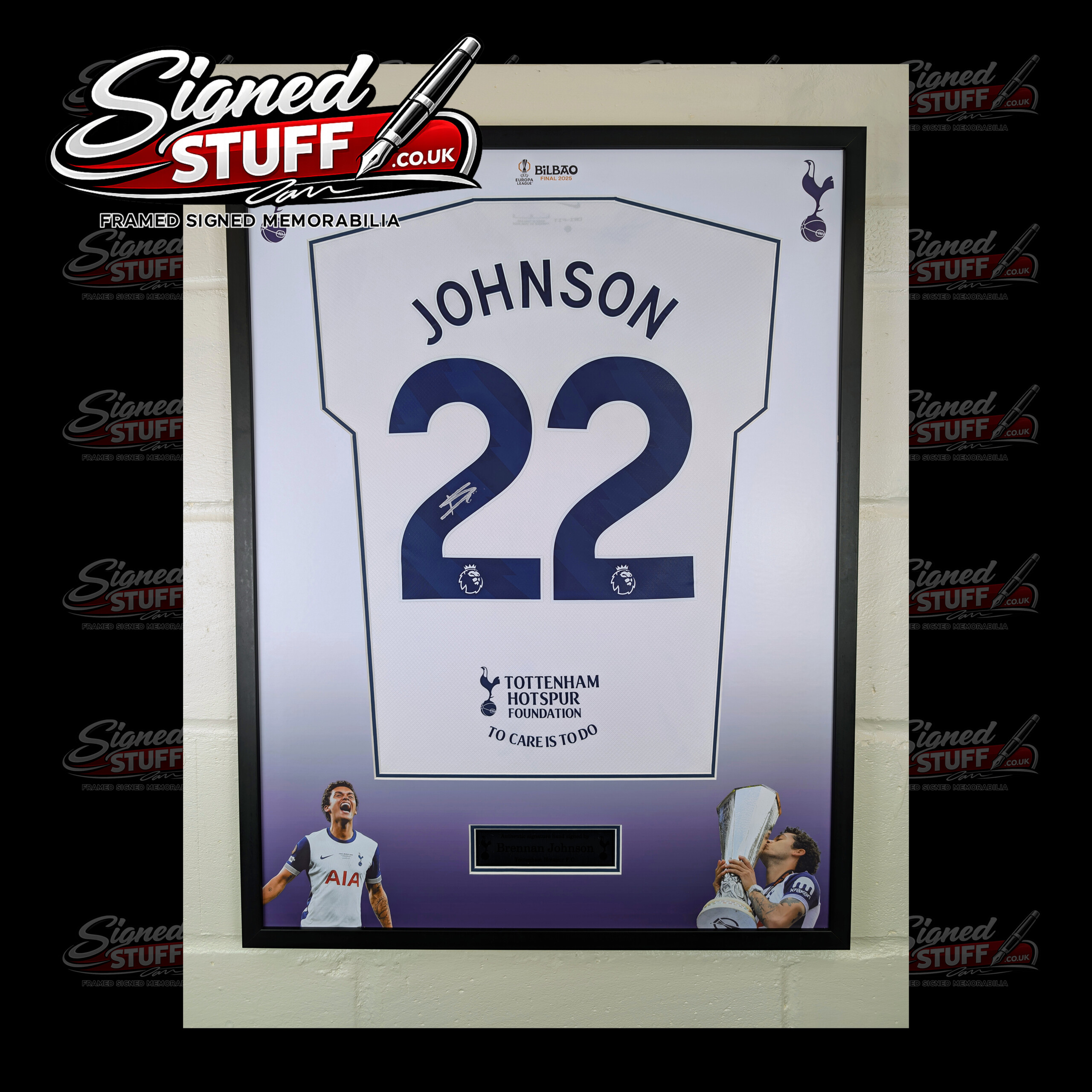 Brennan Johnson Signed Tottenham europa league winners Home Shirt Framed